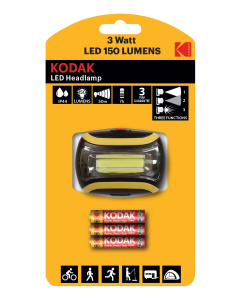 Kodak LED-forlygte, 150lm, 3 tilstande, 3W enkelt LED, IP44, sort