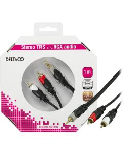 DELTACO lydkabel 3,5 mm ha - 2xRCA ha, forgyldt, 1m