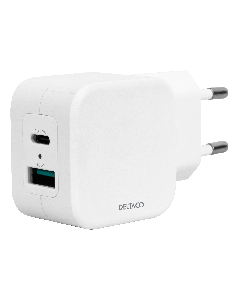 DELTACO USB-vægoplader, 1x USB-A 18 W, 1x USB-C PD 20 W, hvid