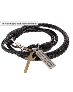 Flätat läderarmband med citat och kors