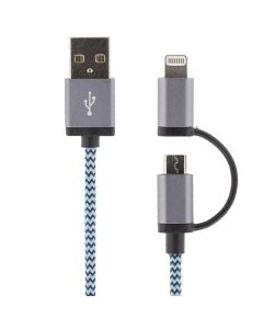 Ny  Tygklädd USB-Kabel med både lightning-kontakt och Micro USB (blå)