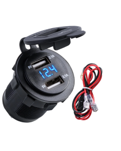 Dobbelt USB oplader til bil, båd og motorcykel med voltmeter, 2 USB porte, hurtig opladning