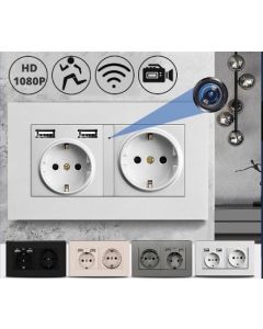 WIFI Spionkamera i stikkontakt, 2 stikkontakter, 2 USB-A-porte, 2.1A hurtigopladning 